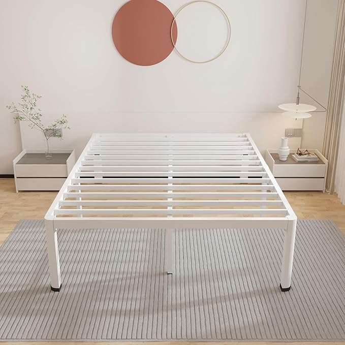ROIL 14 Inch White Full Size Bed Frame with Rounded Corner and Headboard Hole Mattress Retainers 3500LBS Heavy Duty Steel Slats No Box Spring Needed Platform Noise-Free Easy Assembly
