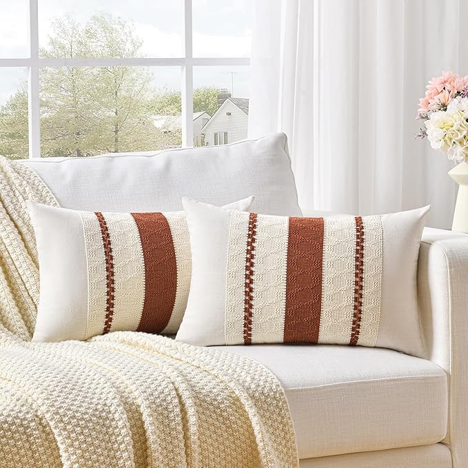 Fancy Homi Set of 2 Rust Boho Lumbar Decorative Throw Pillow Cover 12x20 Inch for Couch Bed Sofa, Aesthetic Modern Organic Fall Room Decor, Soft Cotton Cute Terracotta Farmhouse Cushion Case