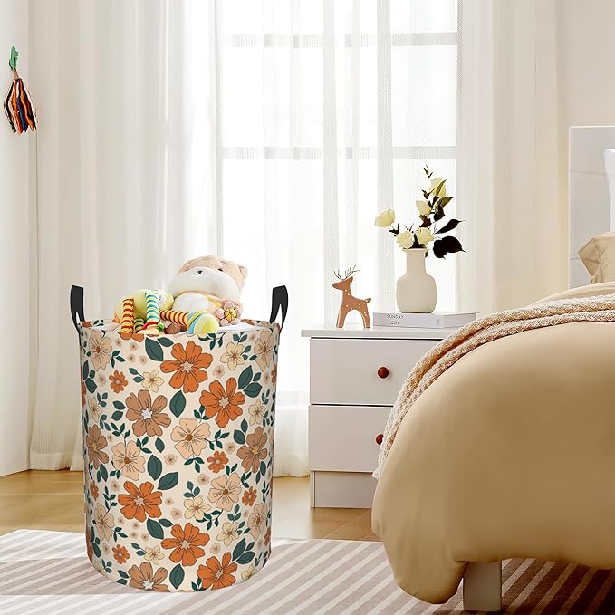Laundry Hamper,70s Retro Floral Flowers Laundry Basket,Waterproof Foldable Storage Bin for Bedroom,Clothes Organizer Basket,Toys Box 16x20 Inch