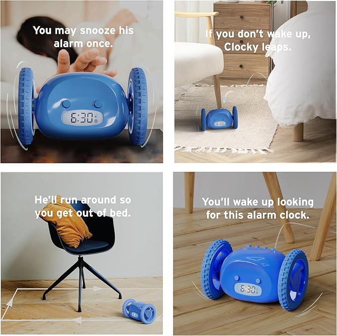 CLOCKY Extra Loud Alarm Clock for Heavy Sleepers on Wheels Rolls Runaway Vibrating Easy To Set Super Smart Snooze Digital Bed Shaker Alarm Clock Funny Gift for Adults Kids Teens Bedrooms (Blue Wheels)