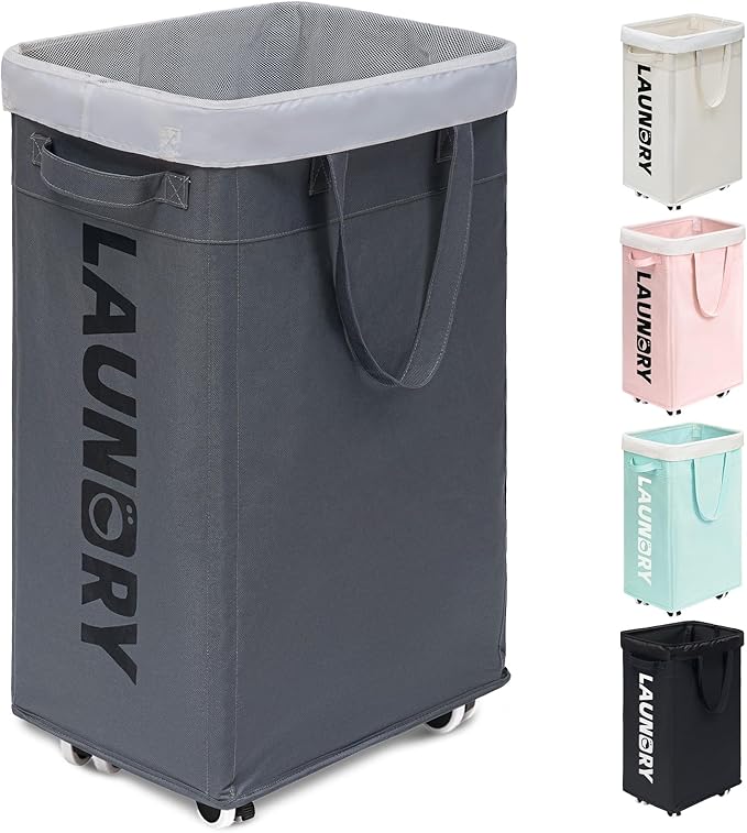 Goodpick Laundry Basket with Wheels, 75L Laundry Hamper, Dorm Room Essentials with Removable Wash Bag for Laundry Room, Rolling Laundry Basket with Handles, Grey