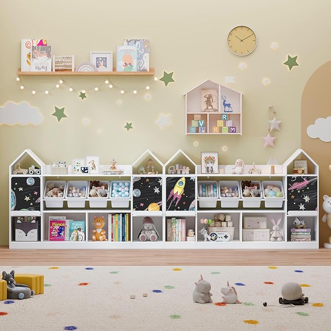 Vabches Castle Shape Children's Bookcase with Blackboard, Kids Bookshelf Display Case Kids Toy Storage Organizer Bookshelf Suitable for Playroom, Children's Room, Living Room, White