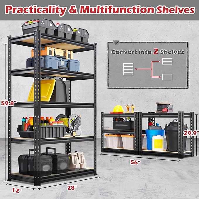 REIBII Storage Shelves 2020LBS Garage Shelving Heavy Duty Metal Shelving 5 Tier Metal Shelf for Kitchen Warehouse Basement 28" W x 12" D x 59.8" H, 4 Pack