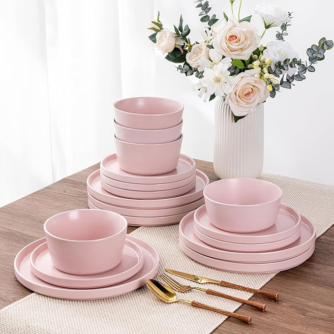 AmorArc Ceramic Dinnerware Sets for 6, Modern Flat Stoneware Plates and Bowls Sets,Chip and Crack Resistant | Dishwasher & Microwave Safe Dishes Set,Scratch Resistant- Service for 6 (18pc)-Matte Pink