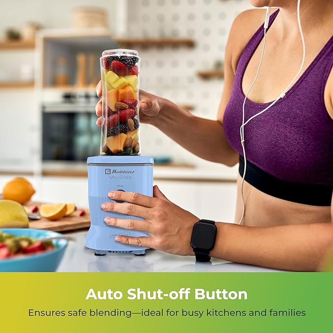 Koblenz Mix&Shake Blender, 20 oz Portable Blender, 600W Motor, Pulse, ON/OFF Functions, Stainless Steel Blades, Shakes, Sauces, Smoothie Maker, (1) 20 oz To-Go Bottle, Blue, MSKM-600 A