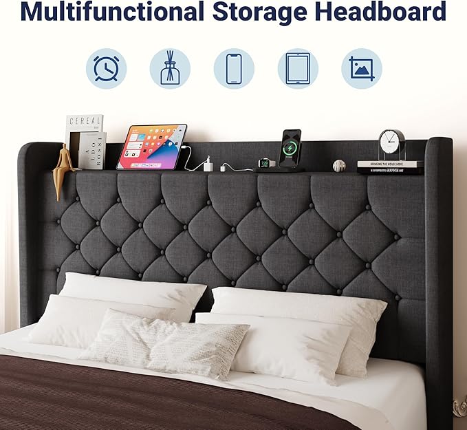 Allewie Queen Size Bed Frame, Storage Headboard with Charging Station, Wingback Linen Upholstered, Diamond Stitched Button Tufted, Sturdy Wooden Slats, No Box Spring Needed, Easy Assembly, Dark Gray