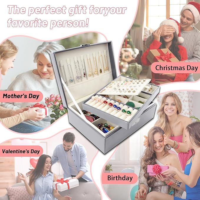 Homeanda Jewelry box 2 layer Jewelry box Leather Jewelry boxes for Women Girls Teens Jewelry organizer box Jewelry Storage box with lock(Grey)