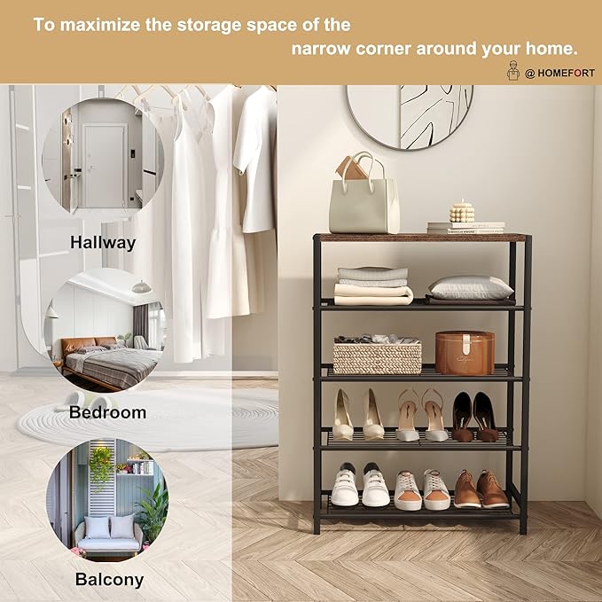 HOMEFORT 5-Tier Shoe Rack, Shoe Storage Shelf with MDF Top Board, Shoe Rack Organizer, Each Tier Fits 3 Pairs, Entryway Shoe Stand with Sturdy Shelves, Rustic Brown