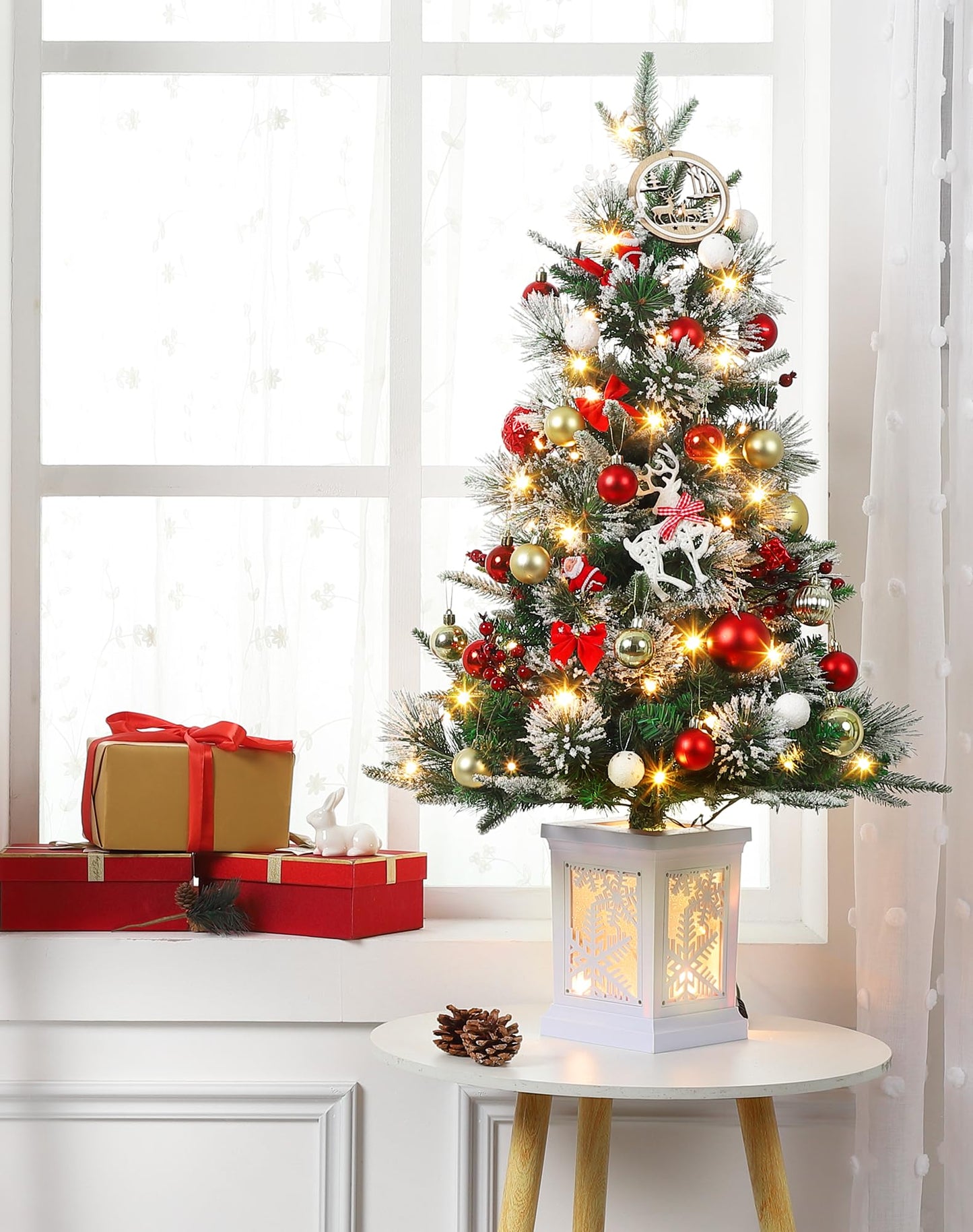 3FT Prelit Premium Snow Flocked Artificial Christmas Tree with Warm White LED, Mini Prelit Xmas Pine Tree for Christmas Decoration,Yard,Home,Office,Outdoor,Indoor,8 Mode Snowflake White Base- 1PC