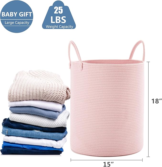 Pink Hamper Laundry Basket for Baby Girls Nursery Hamper for Kids Woven Rope Clothes Basket for Little Girls Room Bedroom Light Pink Kawaii Laundry Bin