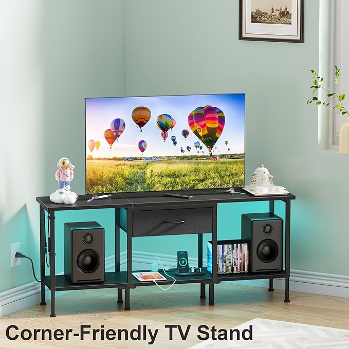 LED TV Stand with Power Outlet and Fabric Drawer for 55 50 45 Inches TV - Entertainment Center and Industrial TV Console Table for Living Room, Bedroom- 47" Black