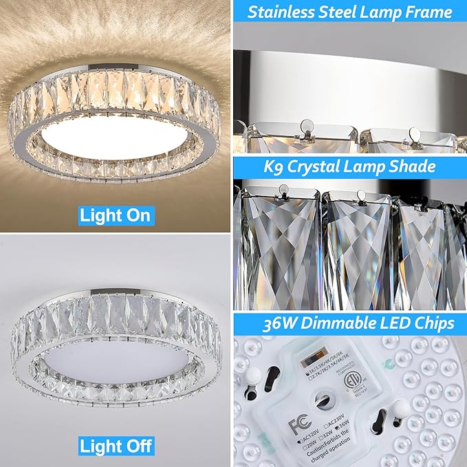 15 Inch Modern Chrome Crystal Flush Mount Chandelier,Dimmable LED 5CCT 3000K-6000K 36W,Large Round Luxury Close to Ceiling Light Fixtures for Living Room,Bedroom,Kitchen,Dining Room