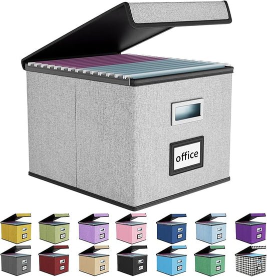 Huolewa Upgraded Portable File Organizer Box with Lid, Collapsible Linen Hanging Filing Storage Boxes with Plastic Slides, Decorative Home/Office Filing System Box for File and Folders Storage (Gray)