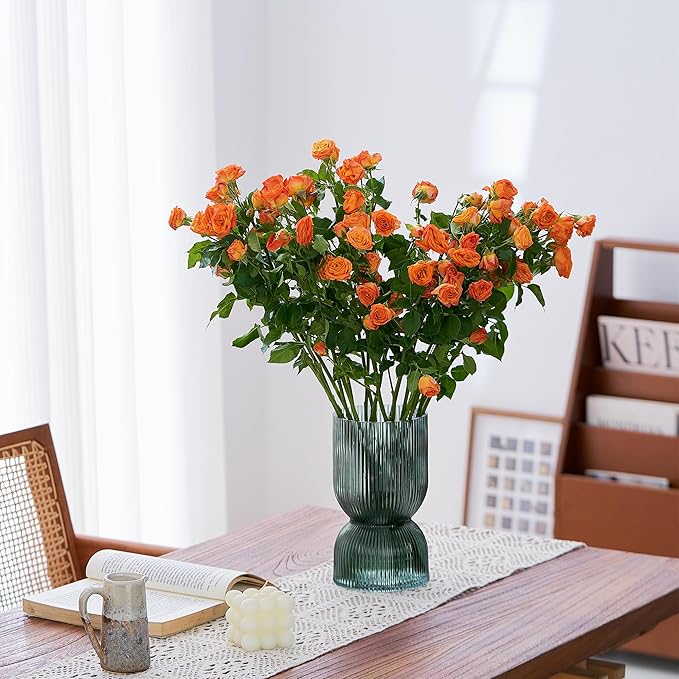 7.5 Inch Glass Hourglass Vase - Green Ribbed Bud Flower Vases for Floating Candles, Centerpieces, Wedding Reception Decor - Hurricane Candle Holder for Home Decor, Housewarming Gift