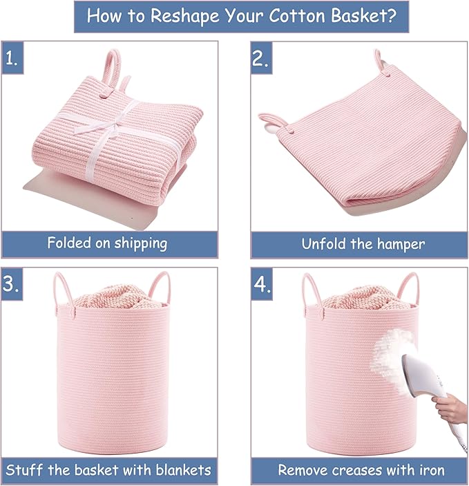 Pink Hamper Laundry Basket for Baby Girls Nursery Hamper for Kids Woven Rope Clothes Basket for Little Girls Room Bedroom Light Pink Kawaii Laundry Bin