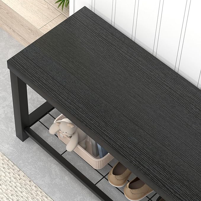 EXCEFUR Entryway Bench, Modern Wood and Metal Storage Bench for Hallway Front Door Entrance, Industrial Indoor Shoe Rack Bench Seat for Bedroom Living Room, 43.3 Inch Black