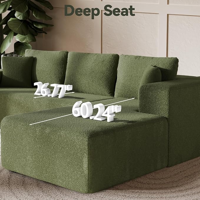 Cloud Wool Modular Sectional Sofa with Chaise, 106" L-Shaped Sofa Couch for Living Room, Deep Seat Plush Boneless Couches, Includes Pillows, Left Chaise, Green
