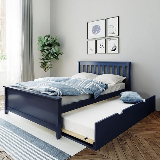 Max & Lily Full Bed, Wood Bed Frame with Headboard For Kids with Trundle, Slatted, Blue