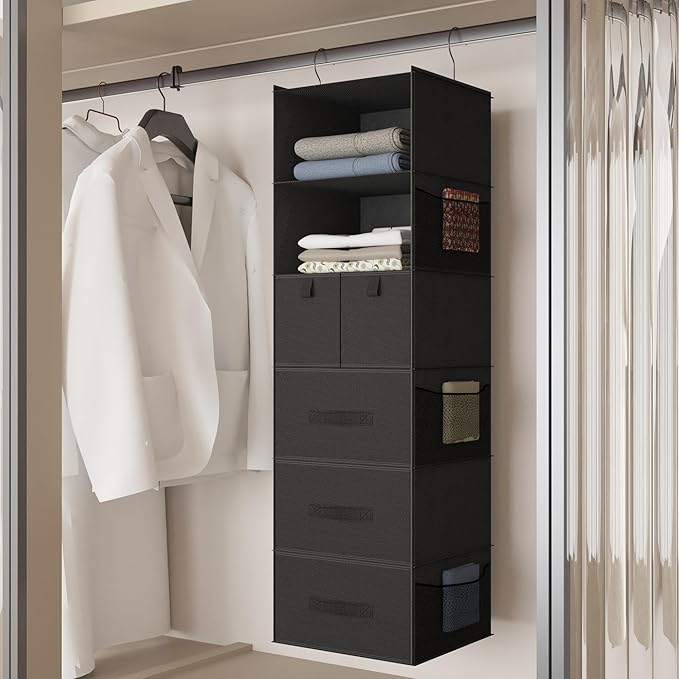 6-Shelves Hanging Closet Organizer with 5 Different Drawers, Foldable Closet Organizers and Storage for Wardrobe, Closet& RV, Clothes and Accessories Storage, Non-Woven Fabric, Black