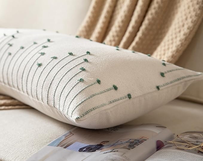 Boho Lumbar Pillow Cover 14x36 Long Pack of 1 Decorative Pillows Bed, Beige with Green Body Throw Pillow Covers, for Modern Farmhouse Sofa Bedroom Living Room Home Decor Couch Pillowcase