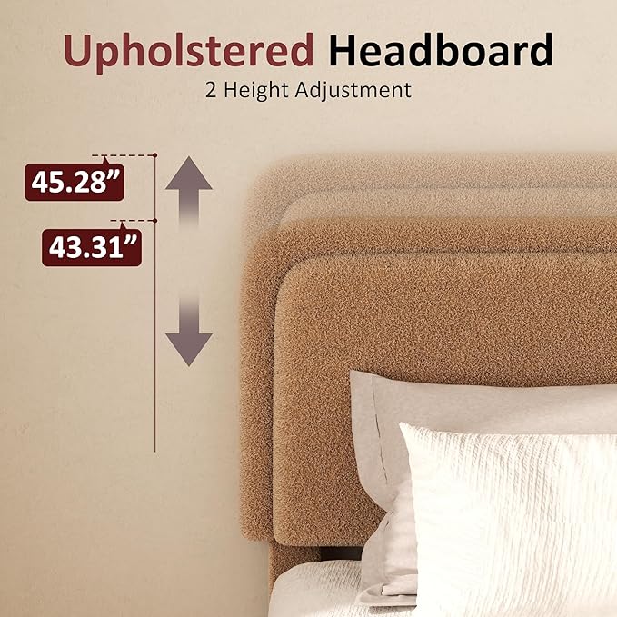 King Boucle Platform Bed Frame with Height Adjustable Headboard, Modern Upholstered Cloud Bed, Sleek Curved Design, No Box Spring Needed, Noise Free, Easy Assembly, Camel