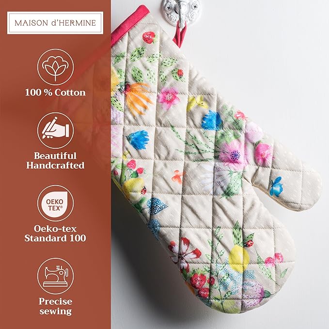 Maison d' Hermine Oven Gloves 100% Cotton Oven Mitt 7" x 13" with Loop Heat Resistant, BBQ, Cooking Gloves, Baking, Grilling, Kitchen, Handling Hot Pans Spring/Summer (Pack of 1, Jardin D'Ete - Fog)