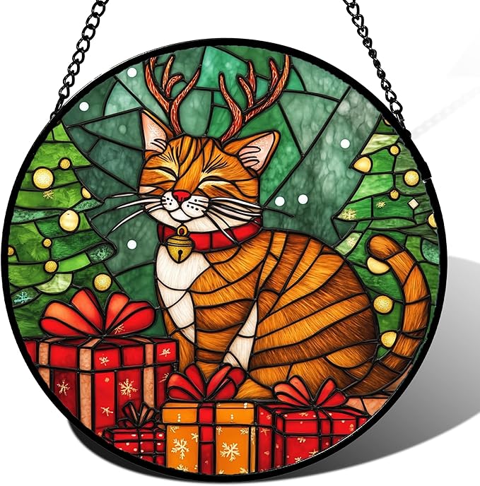 Stained Glass Window Hanging Orange Cat Elk Antler Large 15" - Suncatcher Door Garden Kitchen Sun Catcher Home Decor Birthday Gifts for Lost Pets Mom Men Woman Friend Grandma