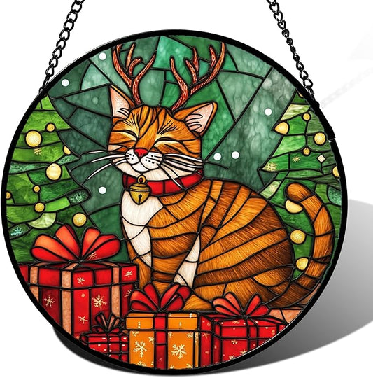 Stained Glass Window Hanging Orange Cat Elk Antler Large 15" - Suncatcher Door Garden Kitchen Sun Catcher Home Decor Birthday Gifts for Lost Pets Mom Men Woman Friend Grandma