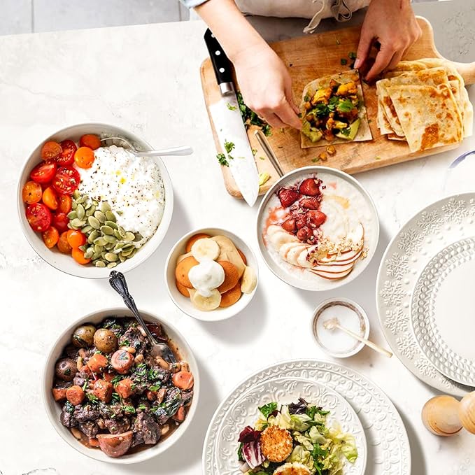 Small Ceramic Bowls - 14 Oz Ice Cream Bowls Set of 4, White Embossment Dessert Bowl for Kitchen, Soup, Side Dishes, Oatmeal, Rice, 4.75 Inch Microwave Oven Safe(Cross Floral)