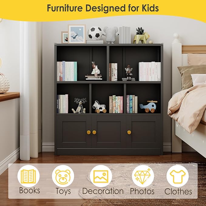 Toy Storage Organizer and Metal Kids Bookshelf with 3 Storage Cabinet and 5 Open Shelves, Multifunctional Display Shelf for Bedroom & Playroom, Ideal for Organizing Books, Toys & Decor, Black