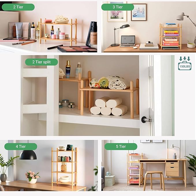 Bamboo Rack | Tool-Free Expandable (2-6 Tiers) | Kitchen Spice Organizer & Office Breakroom Snack/Cup Storage (Natural Bamboo)(Powered by Gogogo) (Natural, 15.6" W(2 Tier))