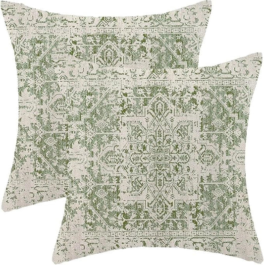 BETGINY Spring Sage Green Ethnic Boho Throw Pillow Covers 20 x 20 Inch Pack of 2, Bohemian Carpet Pattern Decorative Pillow Cases Vintage Outdoor Linen Farmhouse Cushion Case for Home Sofa Decor