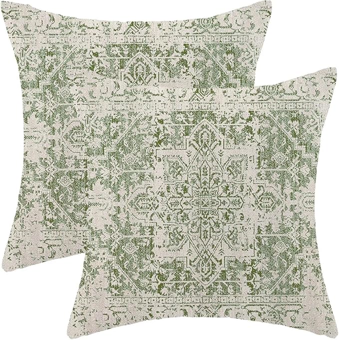 BETGINY Spring Sage Green Ethnic Boho Throw Pillow Covers 16 x 16 Inch Pack of 2, Bohemian Carpet Pattern Decorative Pillow Cases Vintage Outdoor Linen Farmhouse Cushion Case for Home Sofa Decor