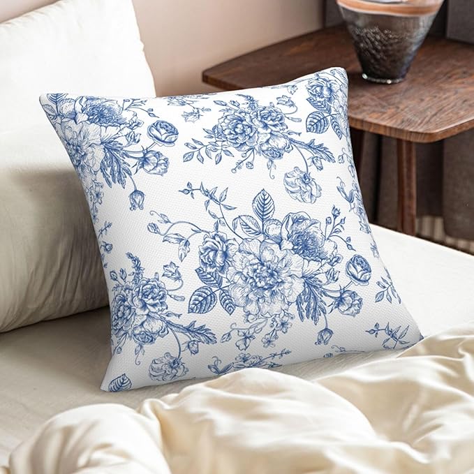 Blue and White Floral Throw Pillow Covers 18x18 Inch Set of 2 Chinoiserie Decorative Flower Pillows Cover Farmhouse Country Cushion Case of Sofa Living Room Bedroom