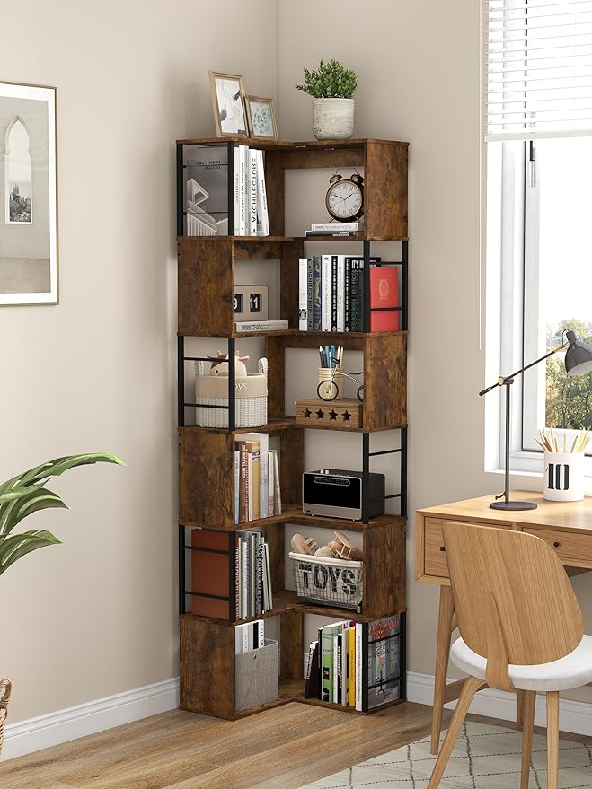 7 Tier Corner Bookshelf 74 Inches Tall Corner Bookcase Industrial L Shaped Book Shelf with Metal Frame Display Rack Storage Organize for Home Office,Living Room,Bed Room (Brown)