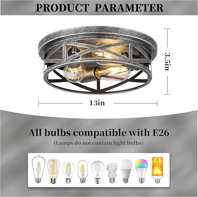 Close to Ceiling Light Fixtures, 3-Lights Cage Flush Mount Ceiling Light, Black and Silver Farmhouse Metal Semi Flush Mount Ceiling Light for House Hallway Kitchen Bedroom, 2 Pack