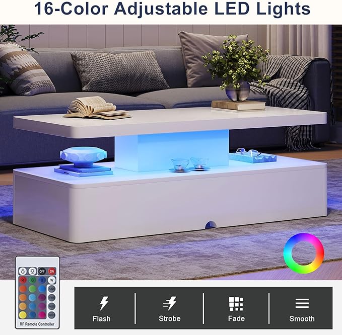 MXV Modern Coffee Table, 40 Inches Coffee Tables with 16 Colors LED Lights, 2 Tier Rectangular Center Table, Large Storage Space, High Glossy Wooden Tea Table for Living Room, Bedroom, Office, White