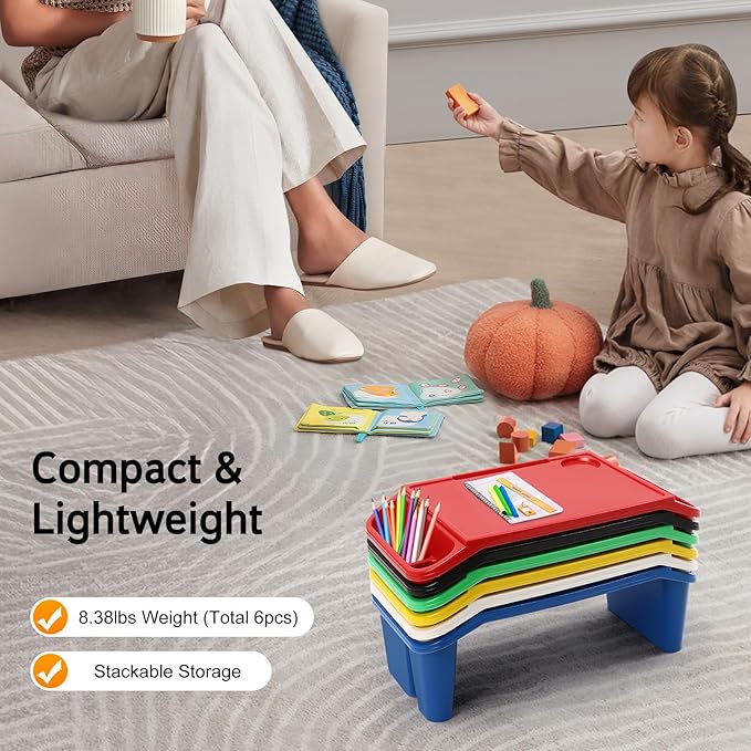6 Pcs Kids Lap Desk Tray, Plastic Breakfast Lap Desk Trays with Side Pockets and Slot, Portable Lap Table Snack Tray for Eating, Writing, Drawing, Game, 19.69" L x 9.84" W x 7.1" H (6 Colors)