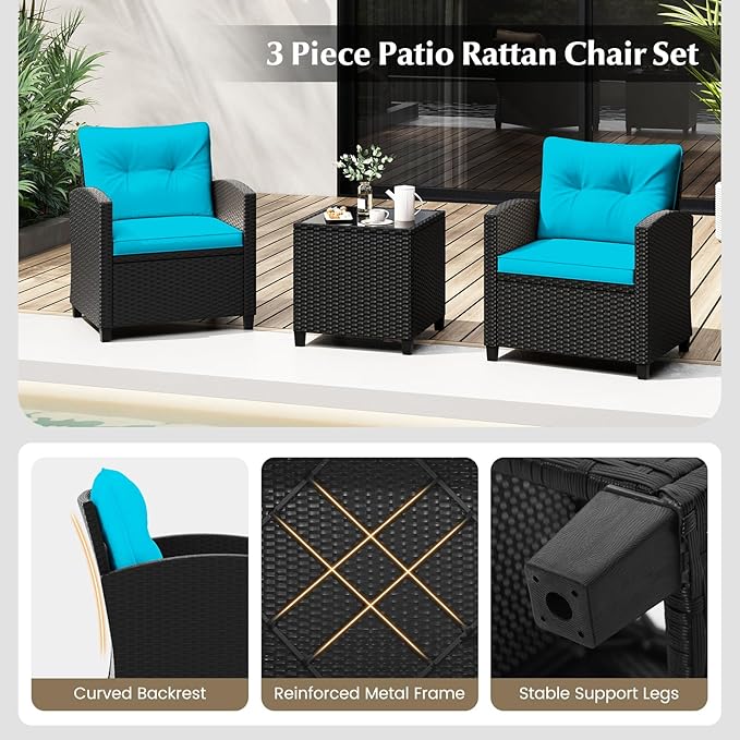 Tangkula 3 Piece Patio Furniture, Rattan Conversation Set w/Soft Seat & Back Cushions, Tempered Glass Topped Coffee Table, Cushioned Wicker Seating Set for Backyard, Porch, Poolside
