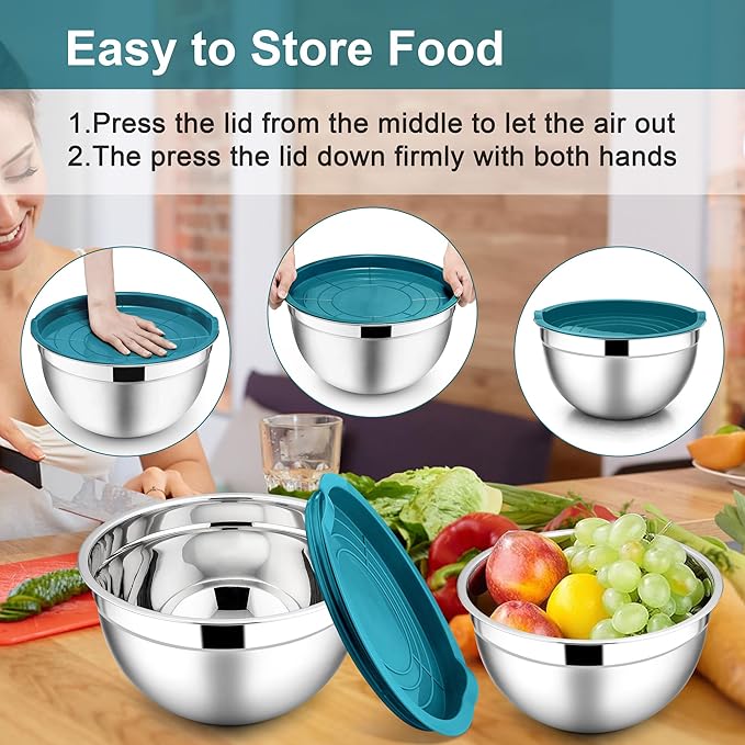 E-far Mixing Bowls with Lids, 6-Piece Stainless Steel Salad Bowls Metal Nesting Bowls for Baking Cooking and Prepping, Airtight Lids & Stackable Design, Size 4.5, 3, 1.5 QT (Blue)
