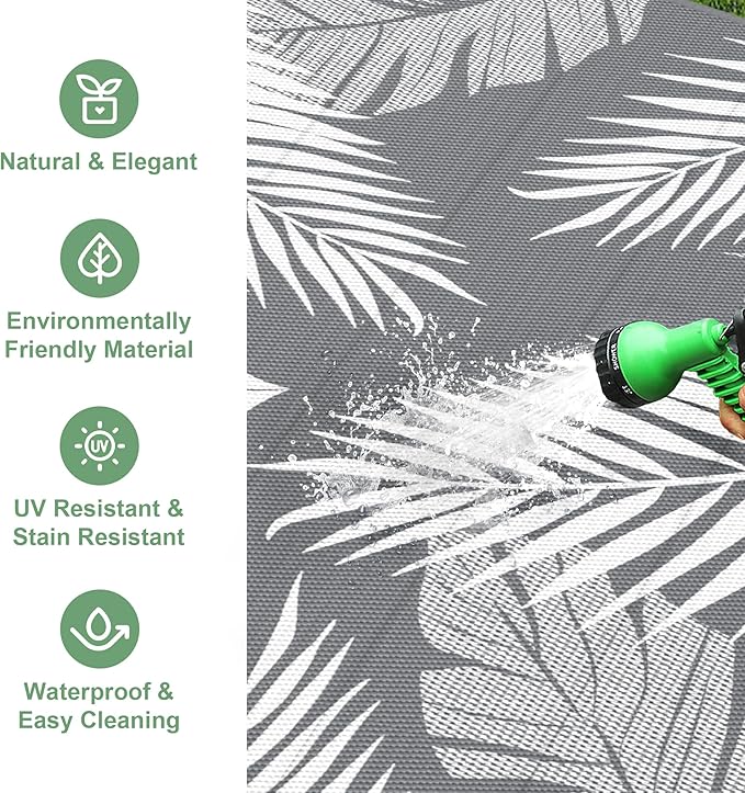 Outdoor Rug 8’x10’ Waterproof for Patio Clearance, Reversible Indoor Outdoor Plastic Straw Camping Rug Carpet, RV Mat, Large Area Rug for Deck, Backyard, Balcony, Porch, Beach, Grey & White