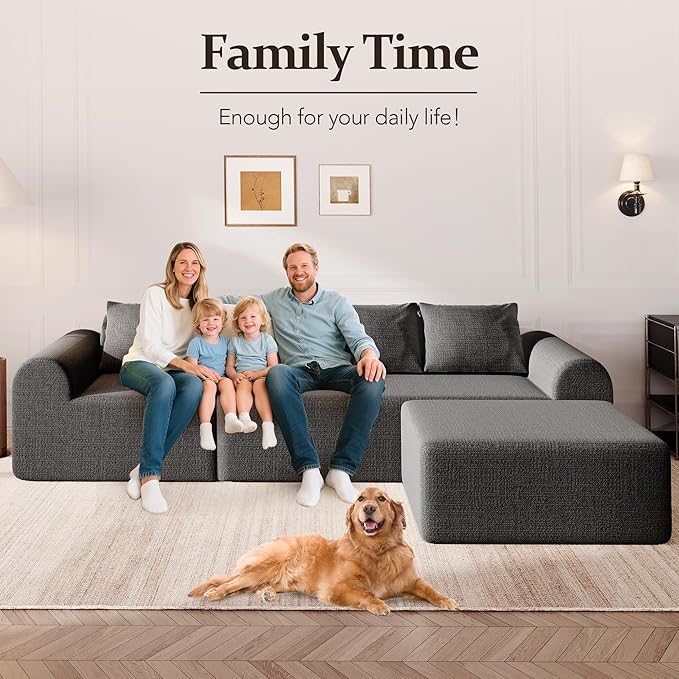 105.5” Cloud Boneless Sectional Sofa for Living Room, L-Shaped 4-Seater Modular Couch with Ottoman & 4 Pillows, Deep Seat Chenille Fabric Sofa, No Assembly, 72H Full Restore, Grey