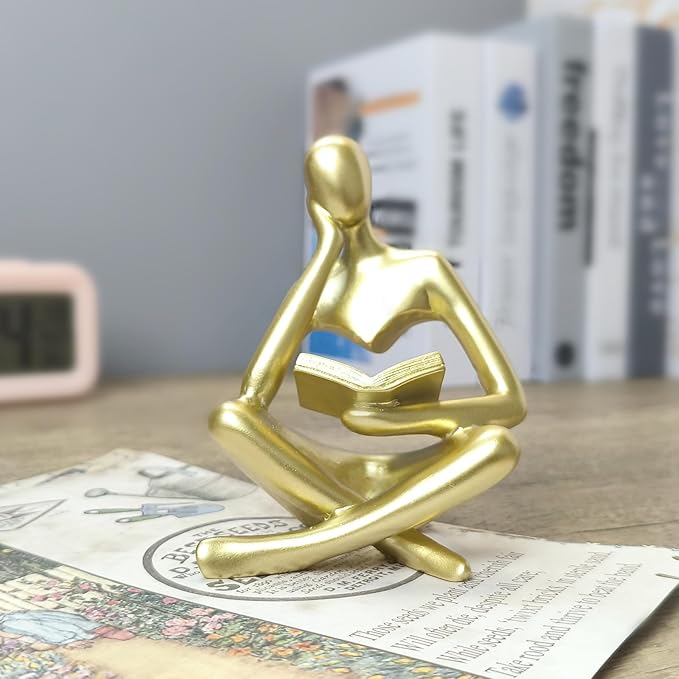 Gold Thinker Statue - Abstract Reading Sculpture 4.5“, Art Modern Decor for Living Room Coffee Tables, Bookshelves & Office Desks | Elegant Accent for Home & Library Spaces (Gold)