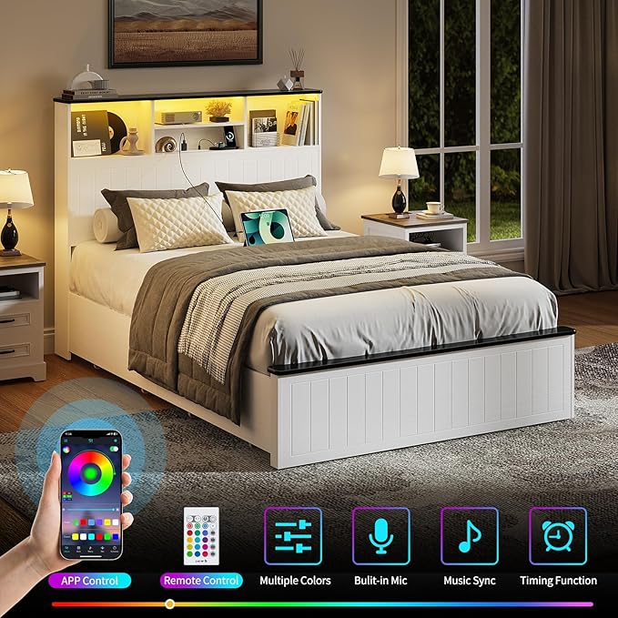 Yoobure Full Size Bed Frame with Headboard - Farmhouse Wood Bed Frames with 4 Storage Drawers, Platform Beds with Charging Station & LED Light, No Noise Double Bedframe, No Box Spring Needed, White