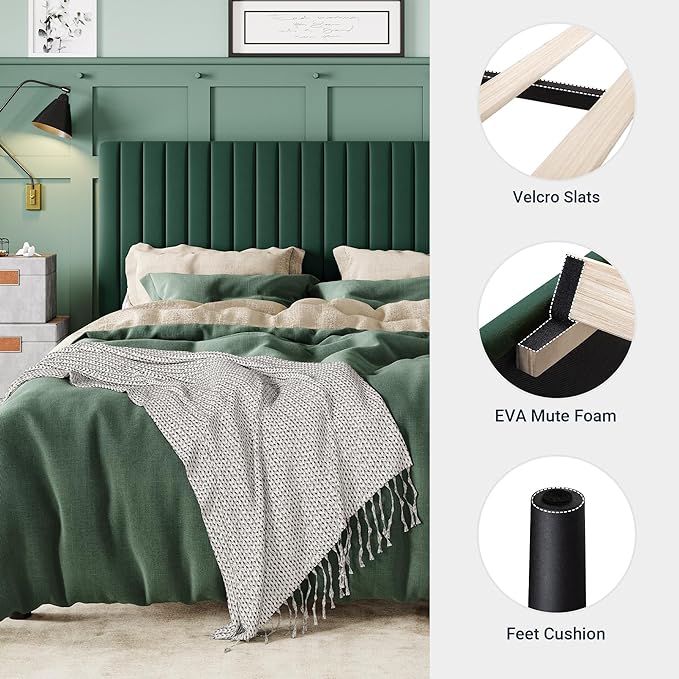Allewie King Bed Frame, Velvet Upholstered Platform Bed with Adjustable Vertical Channel Tufted Headboard, Mattress Foundation with Strong Wooden Slats, Box Spring Optional, Easy Assembly, Green