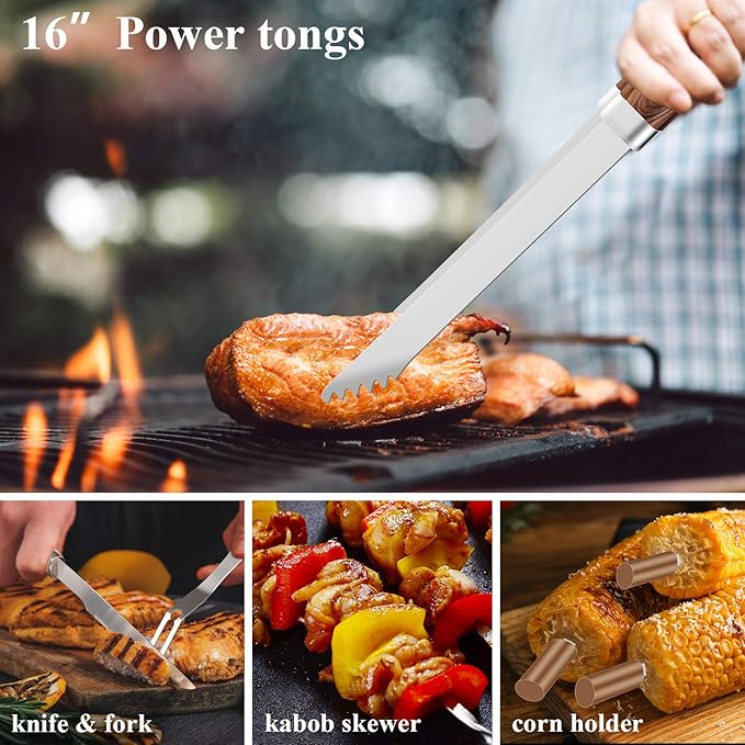 ROMANTICIST 25pcs Extra Thick BBQ Grill Accessories, Fathers Day Grilling Gifts Set for Men Dad, Heavy Duty Grill Tools Utensils Kit with Spatula, Tongs in Aluminum Case for Birthday Brown