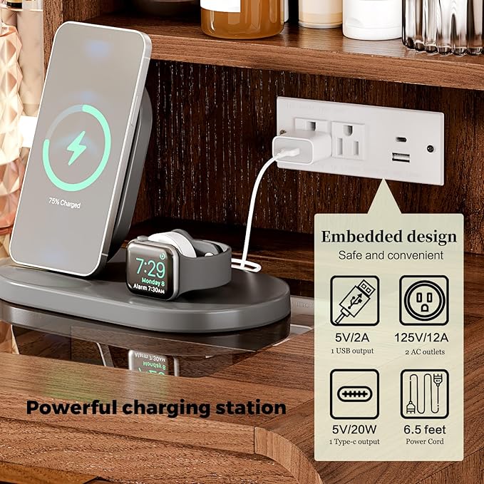 47“Makeup Vanity Desk with Mirror and Lights, Vanity Desk with 7 Drawers & Storage Shelves, Vanity Table with Power Outlet, 3 Color Modes & Adjustable Brightness Dressing Table, Bedroom,Brown