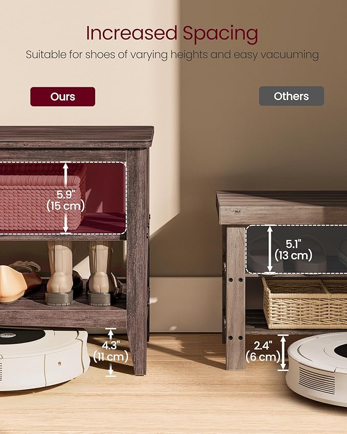 VASAGLE, Entryway Storage Bench, 2-Tier Shoe Rack, 11.8 x 31.5 x 18.9 Inches, Holds up to 300 lb, Farmhouse Style, for Living Room, Bedroom, Maroon Brown ULSB053K51