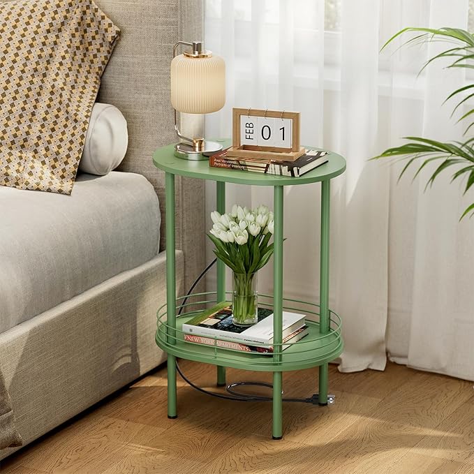 Small Round Side Table with Charging Station,Bedside Table with 2 USB Ports and Outlets, Morden Round Nightstand, Samll Side Table for Living Room,Bedroom, Nursery, Laundry, Green