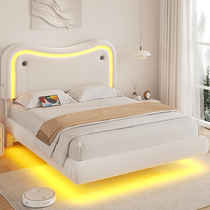 Queen Size Floating Bed Frame with LED Lights, Velvet Upholstered HeadboardBed Frame, Rounded Corners, Charging Station, No Box Spring Needed, Easy Assembly, White